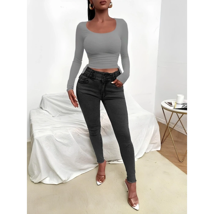 Kadın Uzun Kollu Yanlar Büzgü Detay Kaşkorse Crop