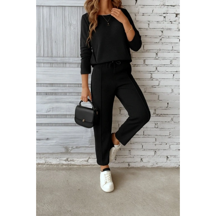 Kadın Uzun Kollu Yanları Nervurlu Viskon Iki Iplik Ve Pantolon Ikili Takım