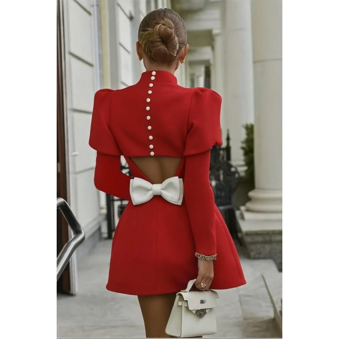 Kadın Uzun Kollu Yarı Balıkçı Yaka Arkadan Kurdela Detaylı Mini Atlas Elbise