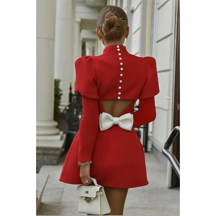 Kadın Uzun Kollu Yarı Balıkçı Yaka Arkadan Kurdela Detaylı Mini Atlas Elbise