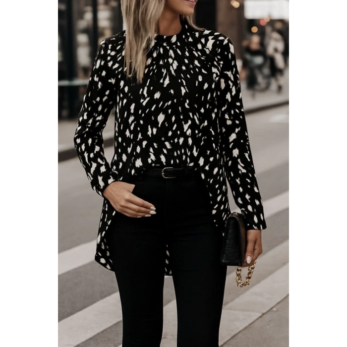 Kadın Uzun Kollu Yarı Balıkçı Yaka Desenli Dokuma Bluz