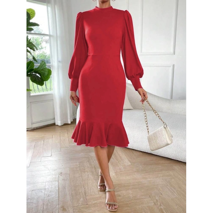 Kadın Uzun Kollu Yarı Balıkçı Yaka Etek Ucu Fırfır Detaylı Midi Ithal Krep Elbise