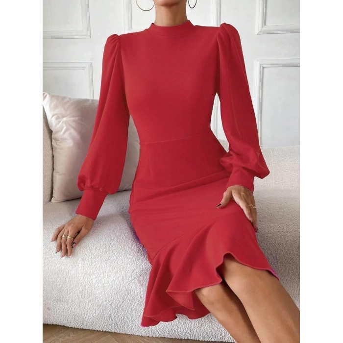 Kadın Uzun Kollu Yarı Balıkçı Yaka Etek Ucu Fırfır Detaylı Midi Ithal Krep Elbise