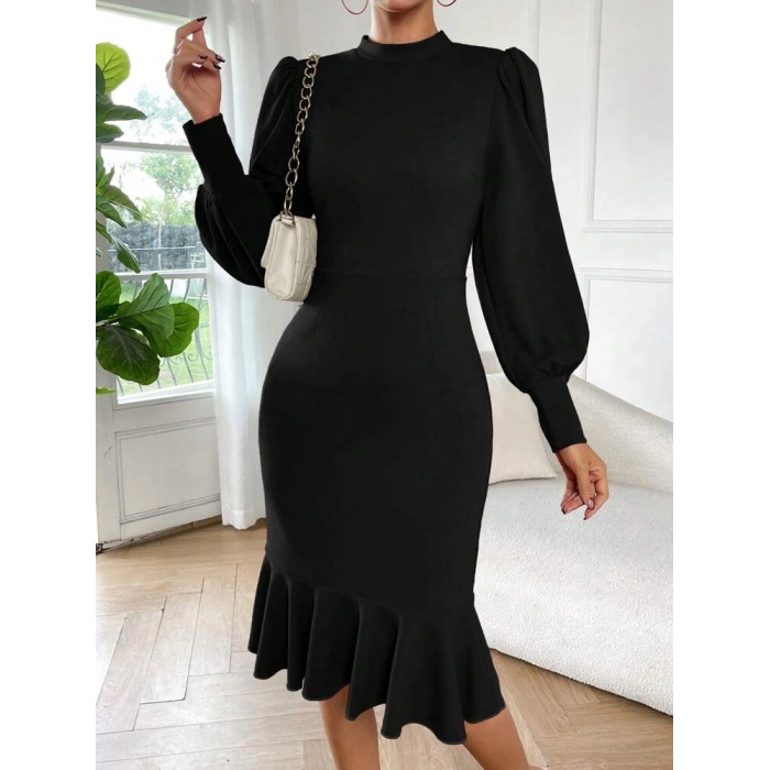 Kadın Uzun Kollu Yarı Balıkçı Yaka Etek Ucu Fırfır Detaylı Midi Ithal Krep Elbise