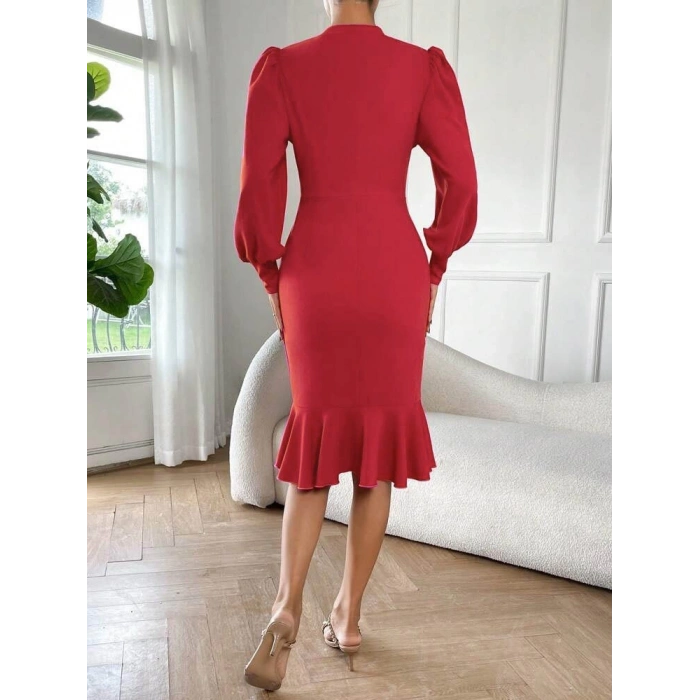 Kadın Uzun Kollu Yarı Balıkçı Yaka Etek Ucu Fırfır Detaylı Midi Ithal Krep Elbise
