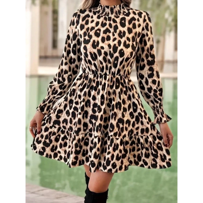 Kadın Uzun Kollu Yarı Balıkçı Yaka Leopar Desenli Modal Mini Elbise