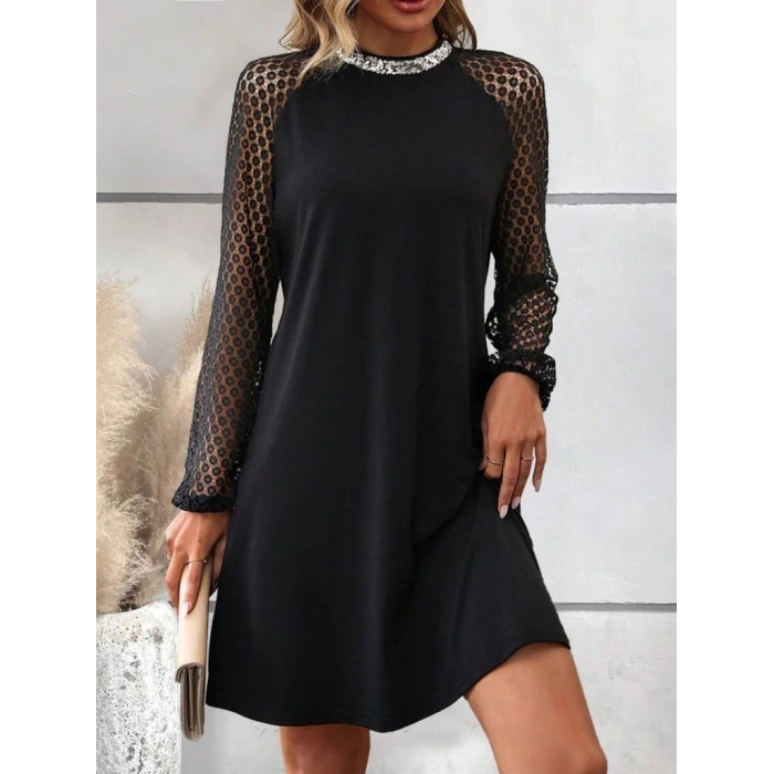 Kadın Uzun Kollu Yarı Balıkçı Yaka Pulpayetli Kolları Dantel Detaylı Mini Ithal Krep Elbise