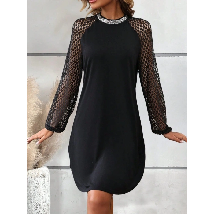 Kadın Uzun Kollu Yarı Balıkçı Yaka Pulpayetli Kolları Dantel Detaylı Mini Ithal Krep Elbise