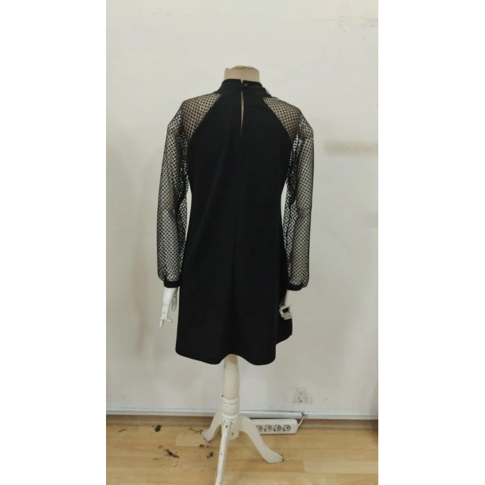 Kadın Uzun Kollu Yarı Balıkçı Yaka Pulpayetli Kolları Dantel Detaylı Mini Ithal Krep Elbise