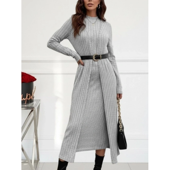 Kadın Uzun Kollu Yarı Balıkçı Yaka şardonlu Kaşkorse Elbise Ve Uzun Hırka Ikili Takım