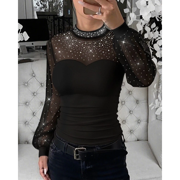 Kadın Uzun Kollu Yarı Balıkçı Yaka Taşlı Sandy Bluz