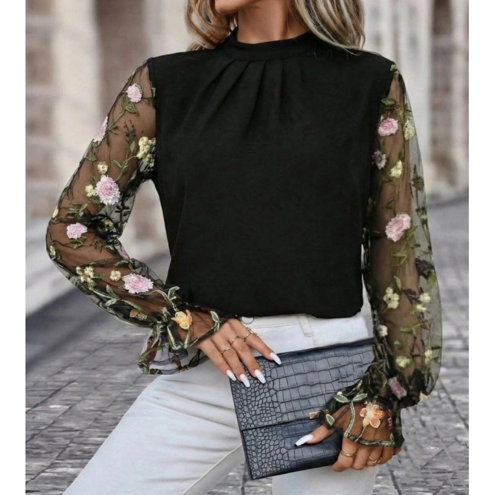 Kadın Uzun Kollu Yarı Balıkçı Yaka Tül Detaylı Ithal Krep Bluz