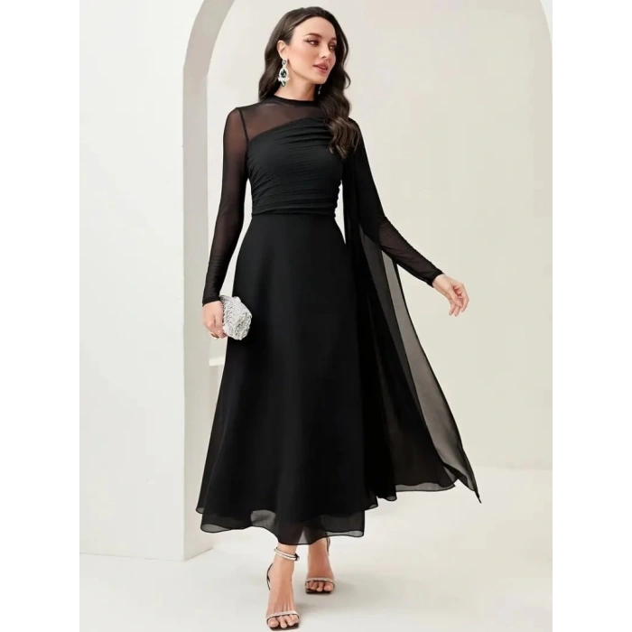 Kadın Uzun Kollu Yarı Balıkçı Yaka Tül Detaylı Uzun Sandy Elbise