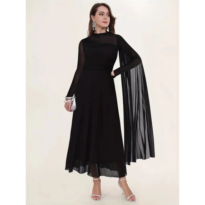 Kadın Uzun Kollu Yarı Balıkçı Yaka Tül Detaylı Uzun Sandy Elbise