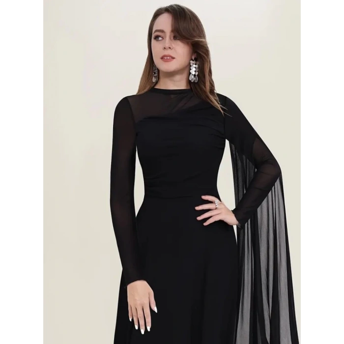 Kadın Uzun Kollu Yarı Balıkçı Yaka Tül Detaylı Uzun Sandy Elbise