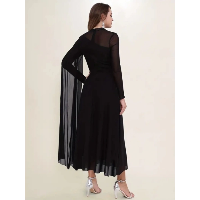 Kadın Uzun Kollu Yarı Balıkçı Yaka Tül Detaylı Uzun Sandy Elbise