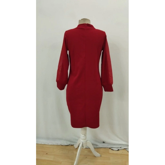 Kadın Uzun Kollu Yarı Balıkçı Yaka Tül Ve Inci Detaylı Kısa Ithal Krep Midi Elbise