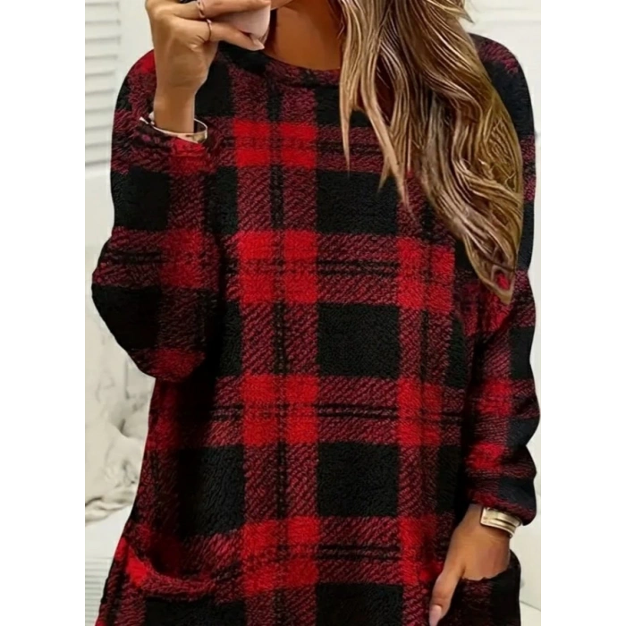 Kadın Uzun Kollu Yarı Balıkçı Yakalı Cep Detaylı Ekoseli Dokuma Tunik