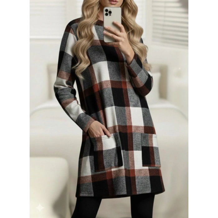 Kadın Uzun Kollu Yarı Balıkçı Yakalı Cep Detaylı Ekoseli Dokuma Tunik