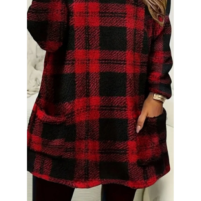 Kadın Uzun Kollu Yarı Balıkçı Yakalı Cep Detaylı Ekoseli Dokuma Tunik