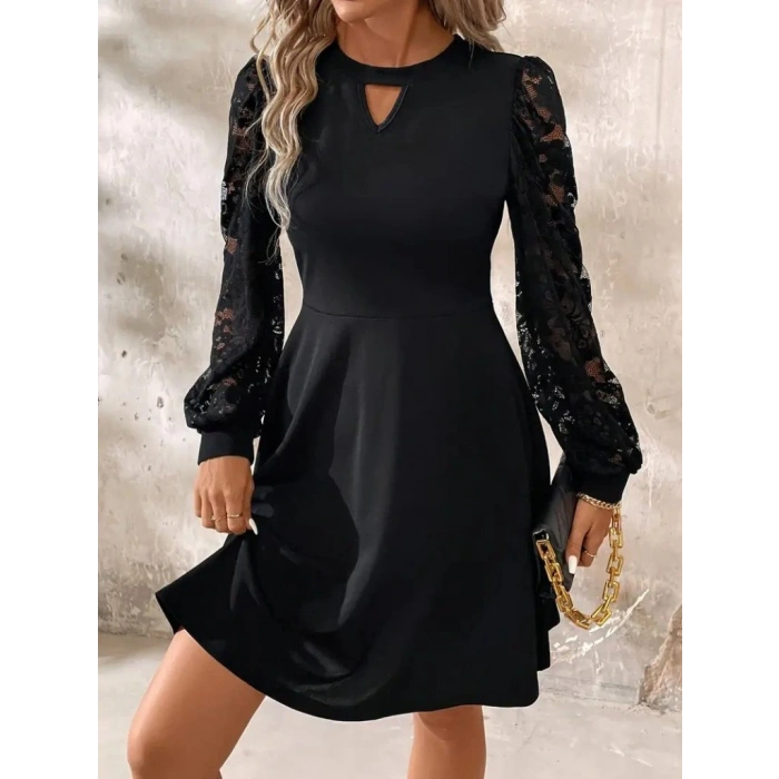 Kadın Uzun Kollu Yuvarlak Damla Detaylı Kolları Tül Detaylı Kısa Ithal Krep Elbise