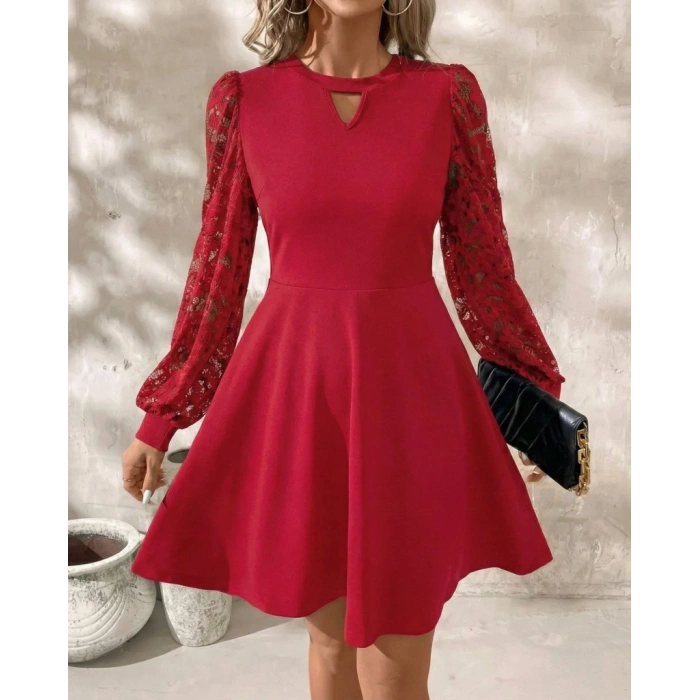 Kadın Uzun Kollu Yuvarlak Damla Detaylı Kolları Tül Detaylı Kısa Ithal Krep Elbise