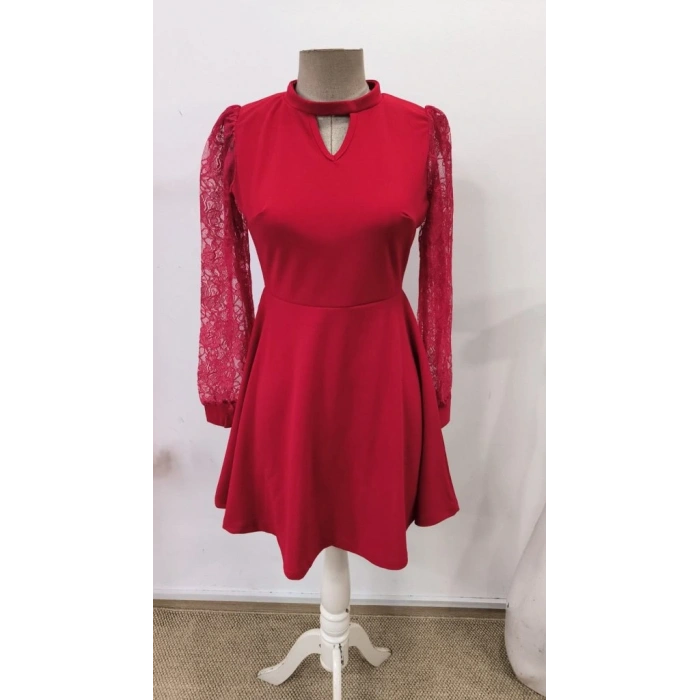 Kadın Uzun Kollu Yuvarlak Damla Detaylı Kolları Tül Detaylı Kısa Ithal Krep Elbise