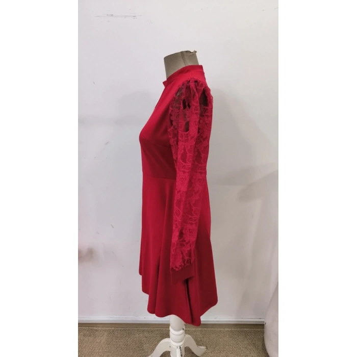 Kadın Uzun Kollu Yuvarlak Damla Detaylı Kolları Tül Detaylı Kısa Ithal Krep Elbise