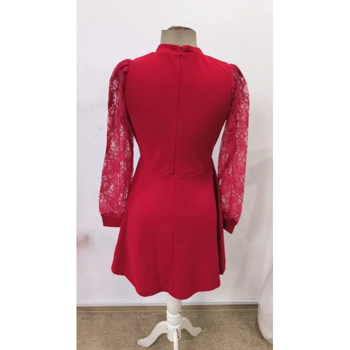 Kadın Uzun Kollu Yuvarlak Damla Detaylı Kolları Tül Detaylı Kısa Ithal Krep Elbise