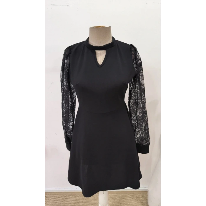 Kadın Uzun Kollu Yuvarlak Damla Detaylı Kolları Tül Detaylı Kısa Ithal Krep Elbise