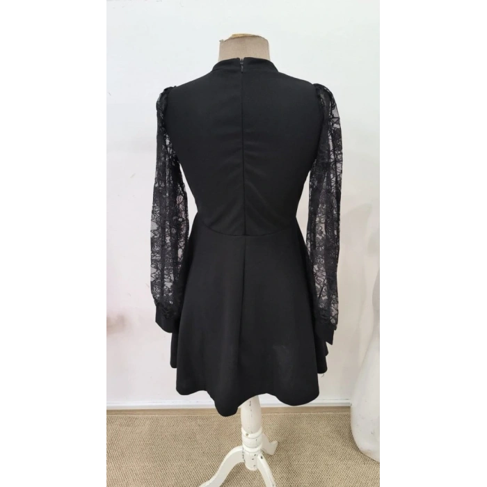 Kadın Uzun Kollu Yuvarlak Damla Detaylı Kolları Tül Detaylı Kısa Ithal Krep Elbise