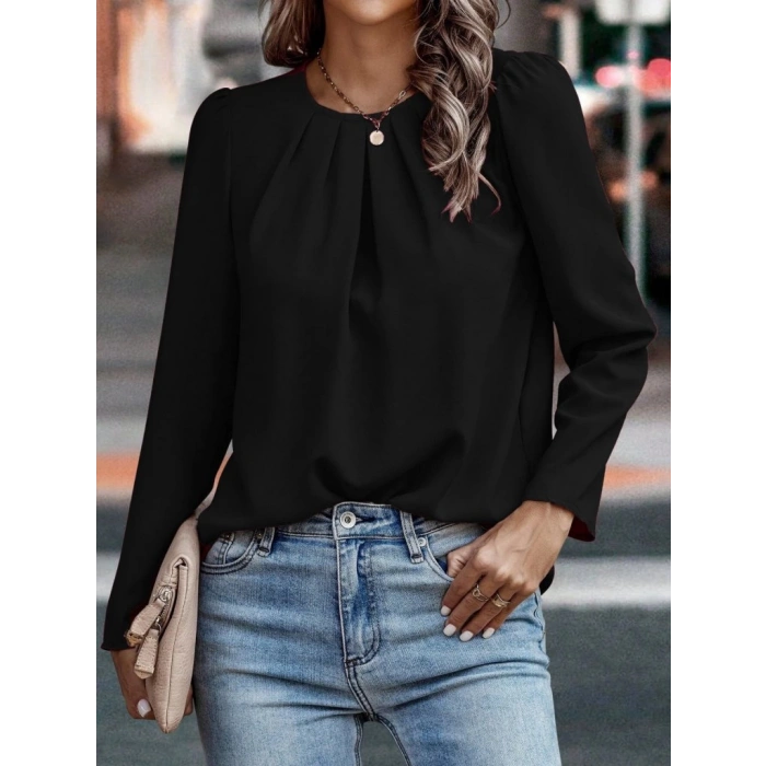 Kadın Uzun Kollu Yuvarlak önden Pileli Ithal Krep Bluz