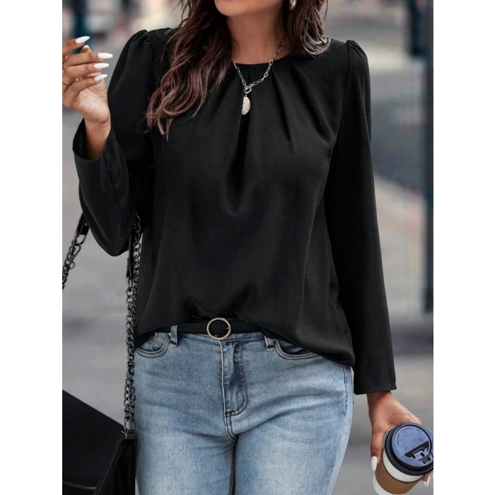 Kadın Uzun Kollu Yuvarlak önden Pileli Ithal Krep Bluz