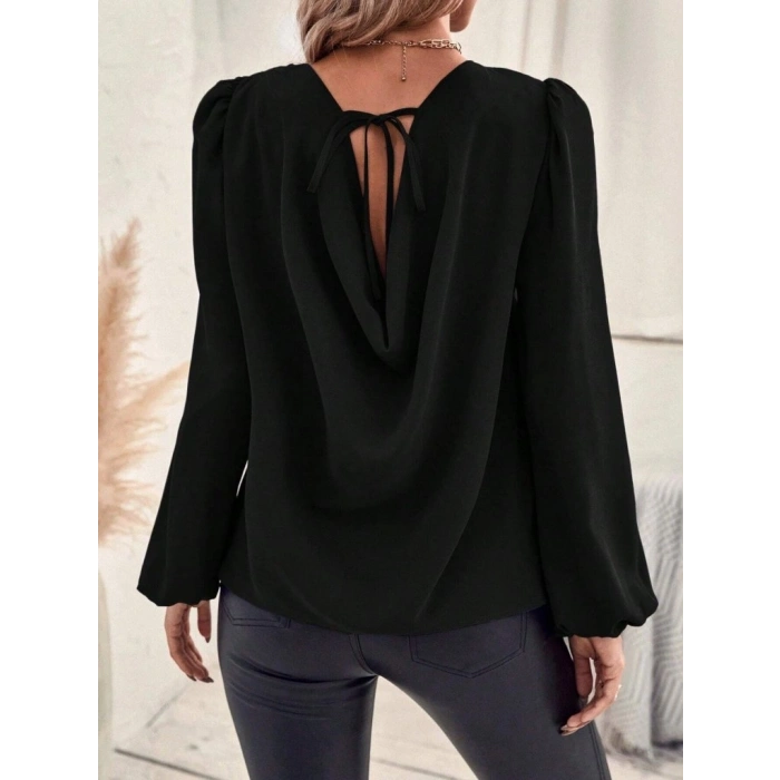Kadın Uzun Kollu Yuvarlak Yaka Arkadan Bağcıklı Salaş Ithal Krep Bluz