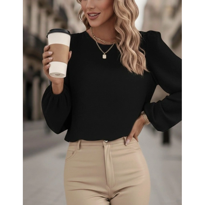 Kadın Uzun Kollu Yuvarlak Yaka Arkadan Bağcıklı Salaş Ithal Krep Bluz