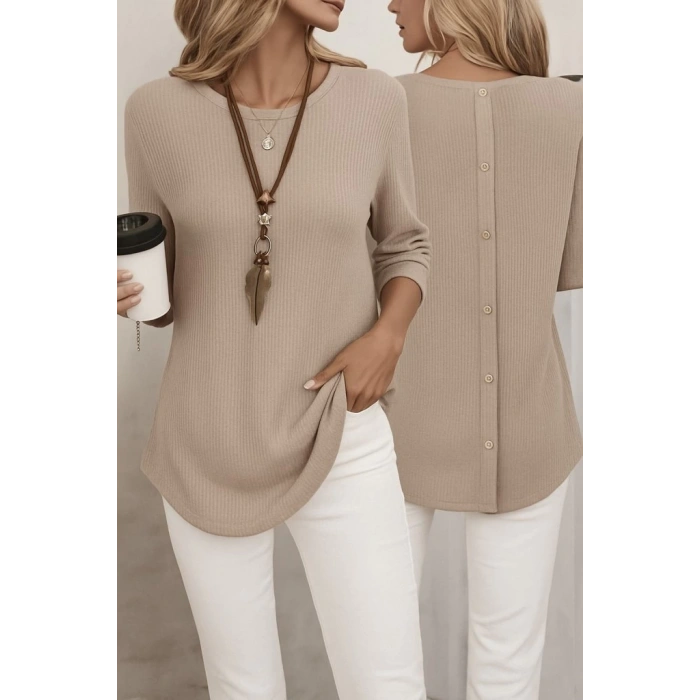 Kadın Uzun Kollu Yuvarlak Yaka Arkadan Düğmeli Waffle Bluz