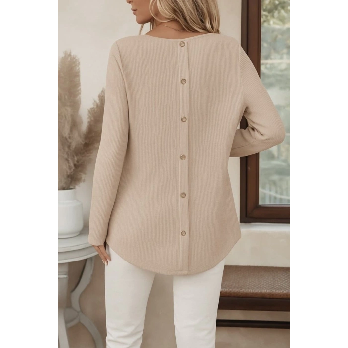 Kadın Uzun Kollu Yuvarlak Yaka Arkadan Düğmeli Waffle Bluz