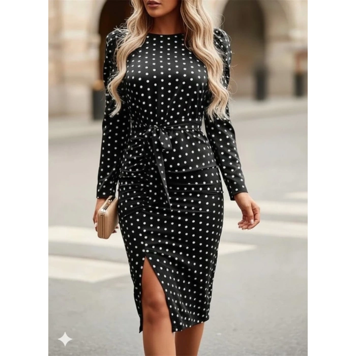 Kadın Uzun Kollu Yuvarlak Yaka Belden Kuşaklı önden Yırtmaçlı örme Krep Elbise