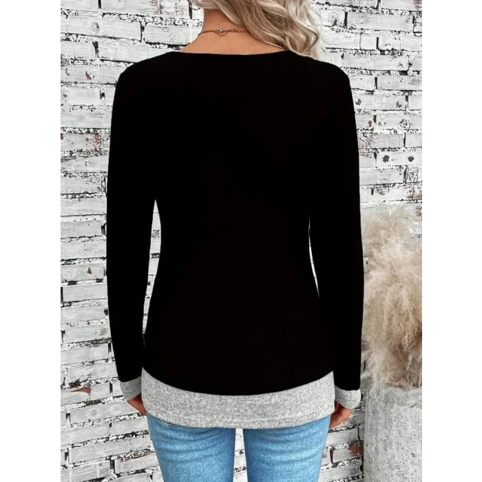 Kadın Uzun Kollu Yuvarlak Yaka Blok Renkli Yandan Düğmeli Viskon Bluz