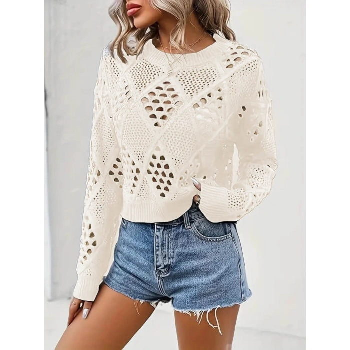 Kadın Uzun Kollu Yuvarlak Yaka Delik Desenli Triko Bluz