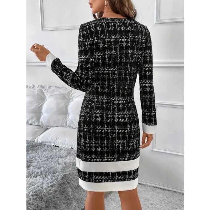 Kadın Uzun Kollu Yuvarlak Yaka Etek Ucu şerit Detaylı Kısa Dokuma Elbise