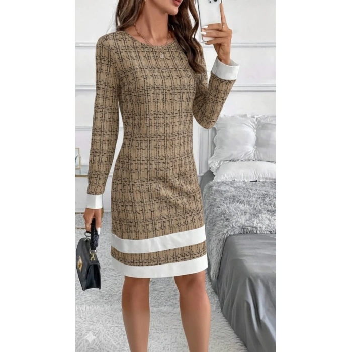 Kadın Uzun Kollu Yuvarlak Yaka Etek Ucu şerit Detaylı Mini Dokuma Elbise