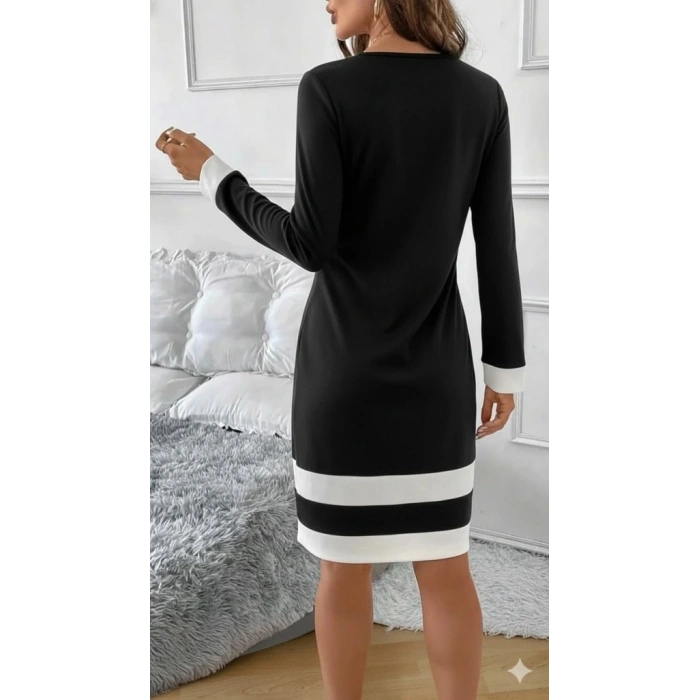 Kadın Uzun Kollu Yuvarlak Yaka Etek Ucu şerit Detaylı Mini Siyah Beyaz Dalgıç Elbise