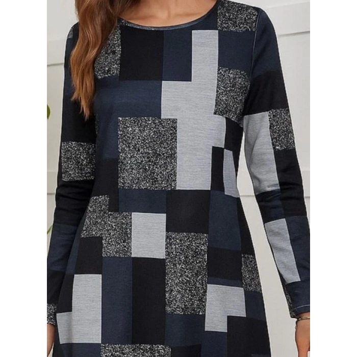 Kadın Uzun Kollu Yuvarlak Yaka Geometrik Süprem Elbise