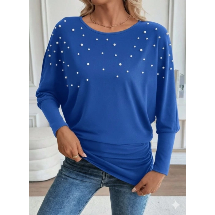 Kadın Uzun Kollu Yuvarlak Yaka Incili Viskon Bluz