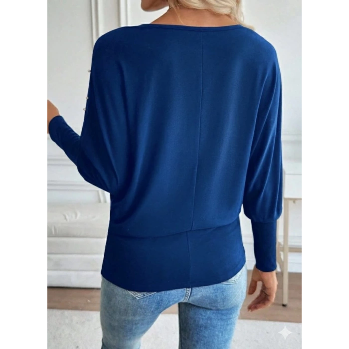 Kadın Uzun Kollu Yuvarlak Yaka Incili Viskon Bluz