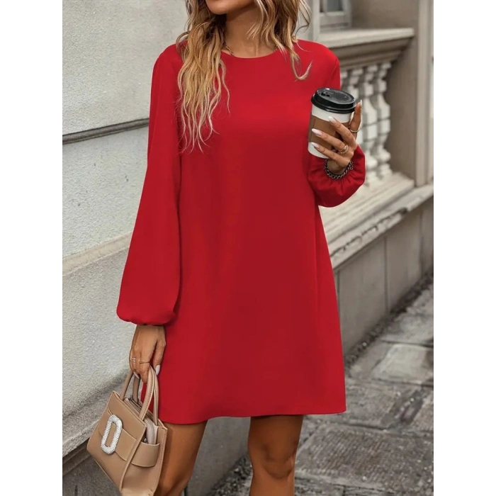 Kadın Uzun Kollu Yuvarlak Yaka Mini Ithal Krep Elbise