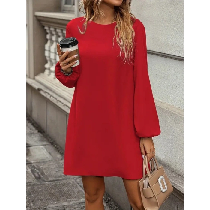 Kadın Uzun Kollu Yuvarlak Yaka Mini Ithal Krep Elbise