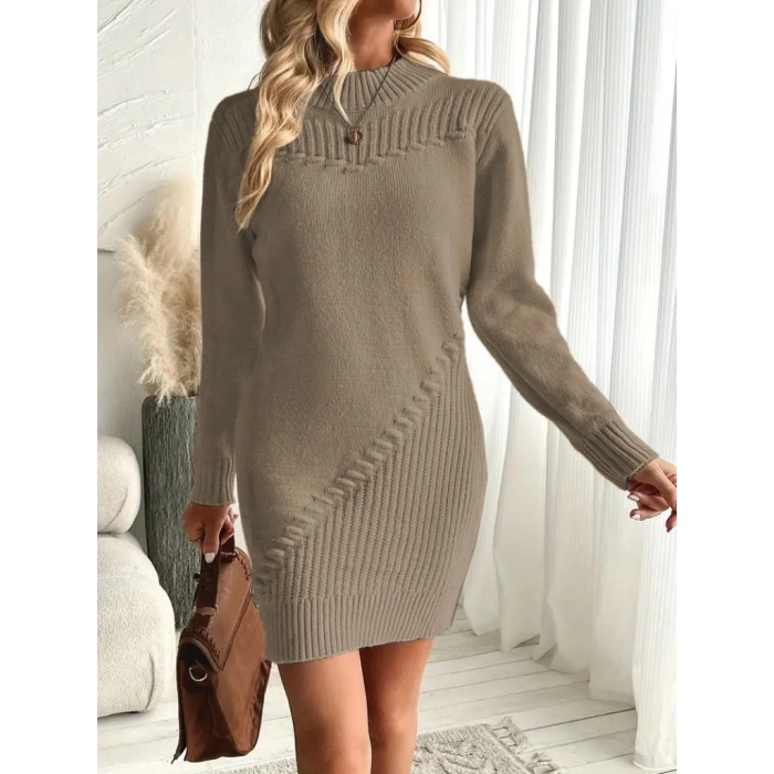 Kadın Uzun Kollu Yuvarlak Yaka Mini Triko Elbise