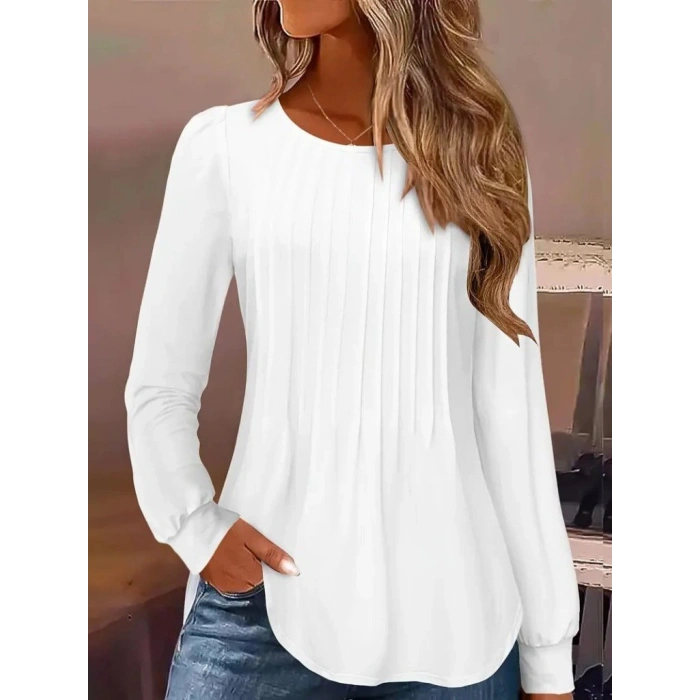Kadın Uzun Kollu Yuvarlak Yaka Nervürlü Bluz